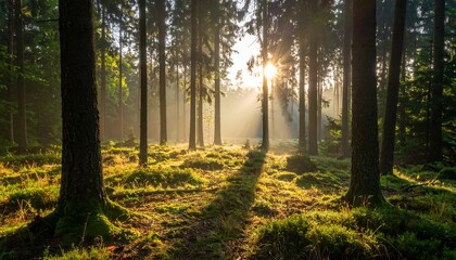 Fototapeta premium Sun rays stream through tall trees in a lush forest, creating shadows on the mossy ground. The landscape is peaceful