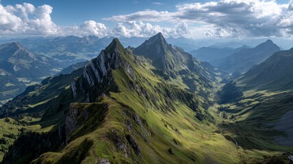 Majestic swiss alpine ridge with rugged mountain peaks, lush green valleys, rocky terrain and expansive high-altitude scenery under clear bright sky