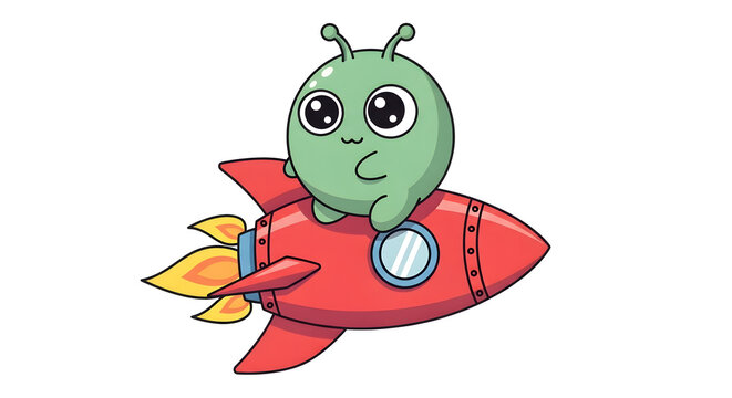 Cute green cartoon alien with big eyes riding a red rocket.