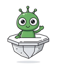 Friendly green alien waving from its futuristic spaceship ready for adventure.
