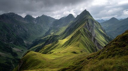 Majestic swiss alpine ridge with rugged mountain peaks, lush green valleys, rocky terrain and expansive high-altitude scenery under clear bright sky