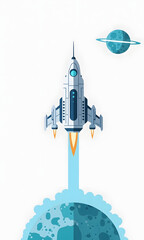 Futuristic cartoon rocket ship launching into outer space.
