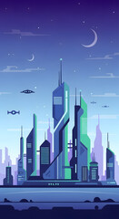 Futuristic Cityscape with Tall Buildings and Flying Vehicles under a Crescent Moon.