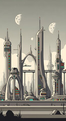 Futuristic Cityscape with Sleek Towers and Arches under Twin Moons.