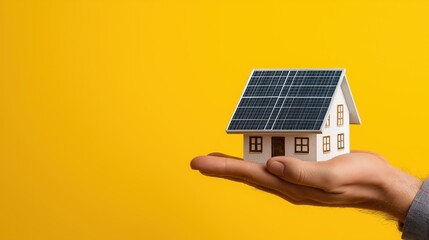 Hand holding house model with photovoltaic solar panels isolated on yellow background - green renewable energy concept