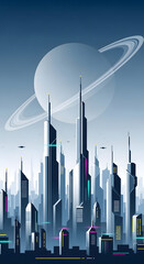 Futuristic Cityscape with Towering Skyscrapers and Flying Vehicles.