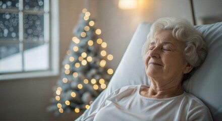grandmother with peaceful festive mood resting and making a wish in a nursing home room against a Christmas tree and snowy window backdrop