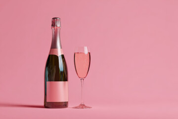 Celebration and luxury implied by pink champagne bottle and glass