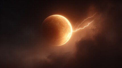 Glowing planet struck by lightning in dark space