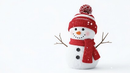 A charming snowman wearing a red hat and scarf, with twig arms, against white.