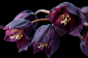 Dark purple fritillary flowers with delicate yellow stamens, exuding subtle elegance