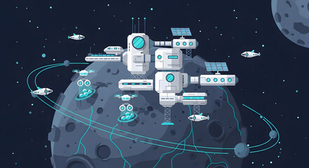 Futuristic Space Station Orbiting a Moon with Spaceships.