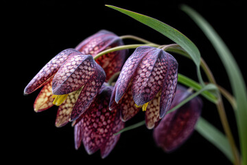 Purple snake head fritillary flowers with checkered pattern on black