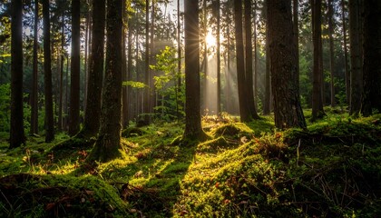Fototapeta premium Sun rays stream through trees in a lush, green forest (9)