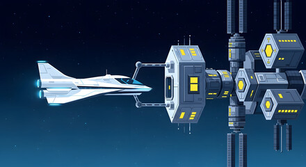 Futuristic spacecraft docking with a space station in orbit.
