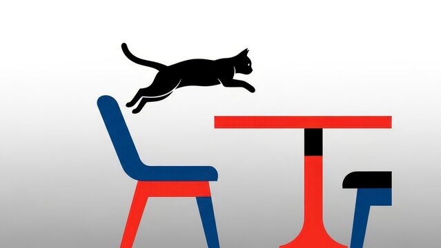 Black cat jumping from chair to table in minimalist style. - Powered by Adobe