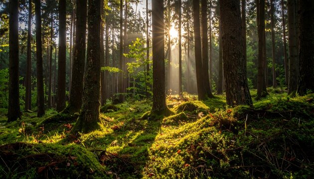Sun rays stream through trees in a lush, green forest (9)