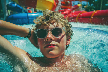 Young boy enjoying sunny day in water park, feeling relaxed and happy