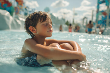 Young boy enjoys moment of peaceful relaxation in sun drenched water park pool