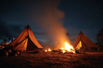 Cozy campfire with tents at night, conveying warmth and adventure