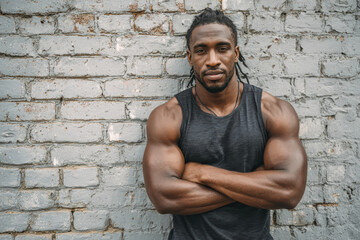 Confident man with muscular arms posing outdoors near brick wall