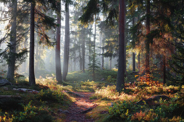 Serene forest path bathed in soft morning light and mist