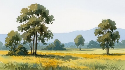 Watercolor painting of a serene landscape with trees in a field and mountains in the background.