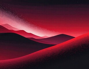 Surreal, abstract landscape in tones of red and black, depicting undulating hills and a starry sky