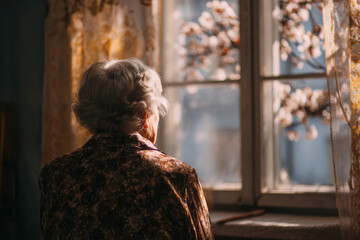 Elderly woman watching spring blossoms through window with thoughtful expression