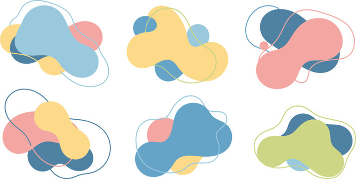 Six abstract organic shapes with soft pastel colors and delicate sketchy outlines creating a playful and modern artistic composition