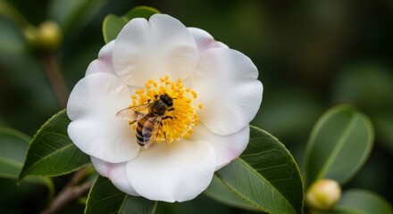 A bee collecting pollen from a beautiful white camellia flower with a yellow center.