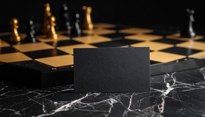 Black business card mockup on chess board Strategy with planning.
