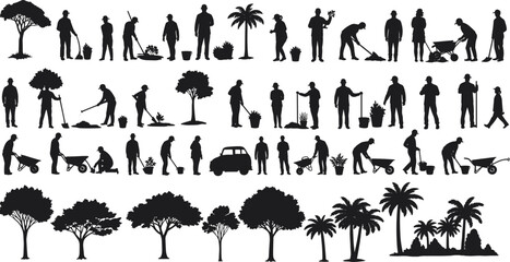 Gardening and Landscaping Silhouettes: Diverse Workers Digging, Planting, Watering, and Pushing Wheelbarrows, Alongside Various Trees Including Palm and Oak, Representing Sustainable Park 