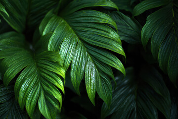 Vibrant green leaf texture, lush tropical foliage, creating serene atmosphere