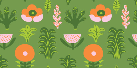 Seamless jungle tropical abstract pattern with palm tree, leaves, flowers. Summer texture. Vector illustration. Green background, pink and orange colors. © Anna