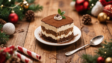 Chocolate tiramisu cake dessert with Christmas decoration on wooden table