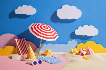 Joyful paper beach scene with umbrella, chair, and ice cream cone
