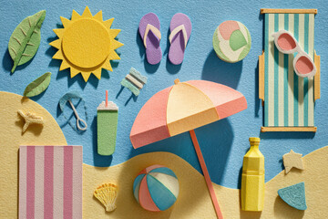 Joyful paper craft beach scene with sun, umbrella, and toys