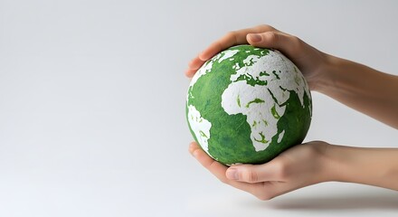 Hands gently holding a green earth globe against a white background