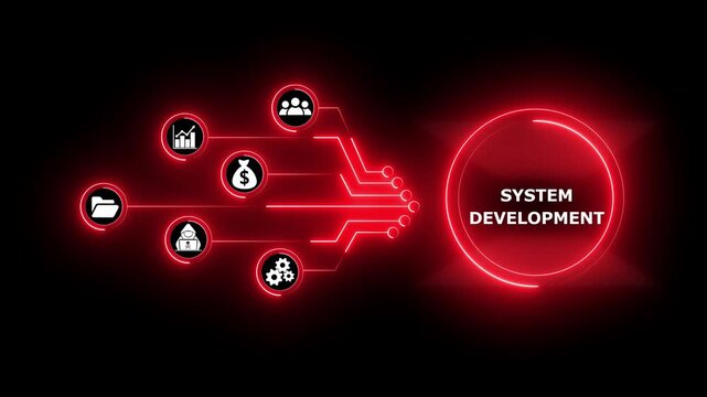 Neon Red System Development Concept with Business Icons and Flowchart on Dark Background Keywords: system development, system, technology, software, IT, programming, coding, engineering, design