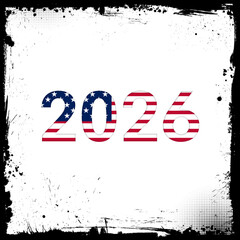2026 Number with American Flag Texture in Grunge Black Border Frame