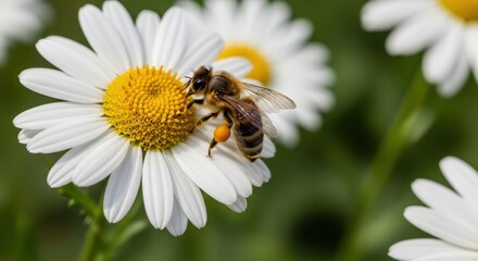 Obraz premium Close-up of a honey bee collecting nectar and pollen from a white daisy flower in a sunny field.