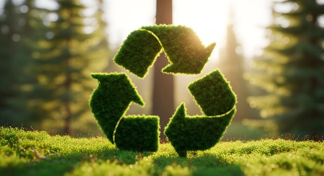 Moss covered recycle symbol in a forest environment with sunlight