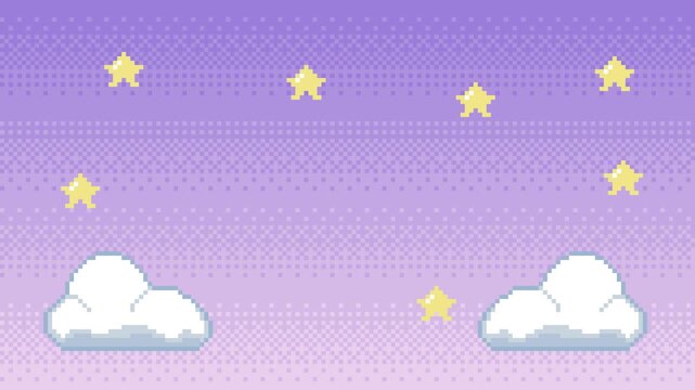 ドット絵のループする雲と星の待機画面・背景,紫,文字無し