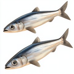 Obraz premium Freshly caught herring glistening against a pristine white background, perfect for seafood menus, culinary blogs, or educational materials about marine life
