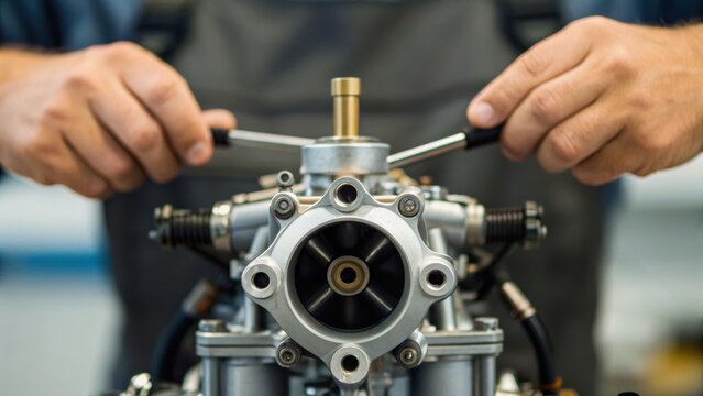 Close-up of hands working on a mechanical engine component using tools.