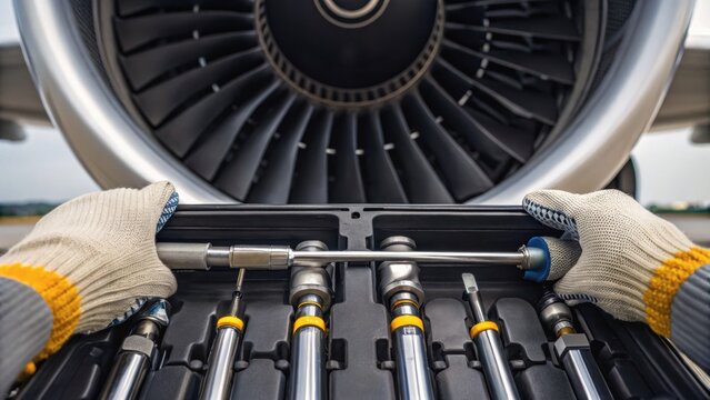 Close-up of hands in gloves handling tools near an aircraft engine, showcasing maintenance and precision work in aviation. - Powered by Adobe
