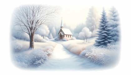 Winter wonderland landscape snow scene church trees peaceful serene tranquil white blue christmas holiday art