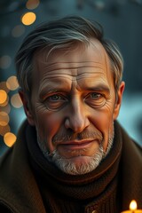 Portrait of mature man with beard and gray hair looking at camera in soft light bokeh background art