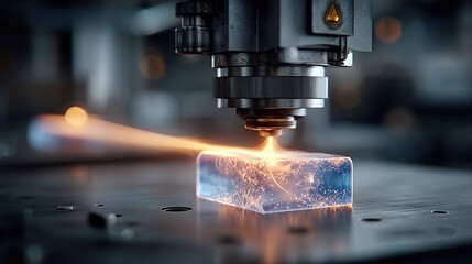 A high-tech machine precisely cuts a translucent blue block with intense laser, creating sparks